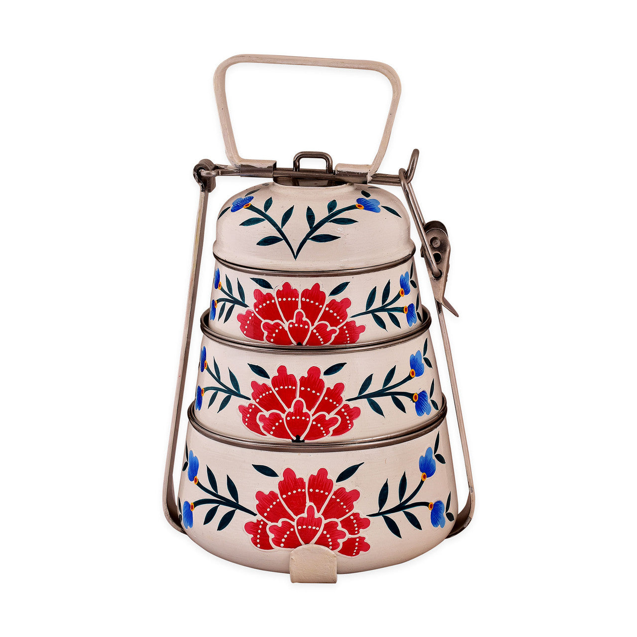 Hand-Painted 3-Tier Stainless Steel Lunch Box – off white floral Design Eco-Friendly & Artistic Food Carrier